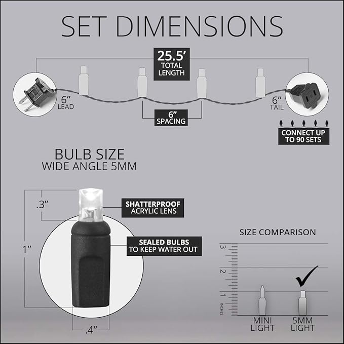 Wintergreen Lighting 50 5mm LED Red Christmas Lights, 6 Spacing, 25' Valentines Day Holiday Lights Mini Lights LED String Lights Christmas String Lights