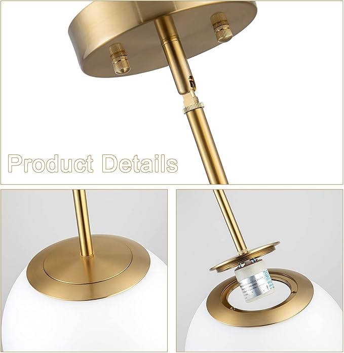 Modern Globe Pendant Light Mid Century Opal Glass Hanging Light Fixture Gold Finish, 2-Light Glass Pendant Lighting for Kitchen Island Dining Room Bedroom Hallway and Bathroom