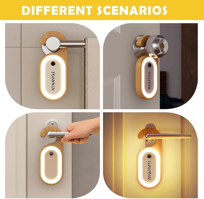 Wooden Message Motion Sensor Night Light with Memo Stickers, Doorknob Board LED Lamp, Rechargeable Doorhandle Hook Design for Bedroom, Bathroom, 2Pack