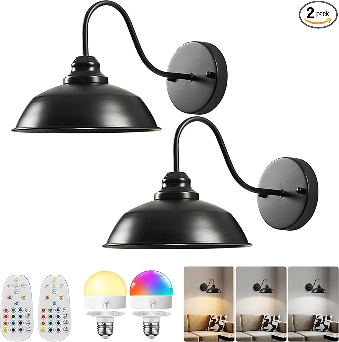 Battery Operated Wall Sconces Set of Two, Black Wireless Wall Lights with Remote and Dimmable Bulbs for Bedroom/Living Room/Farmhouse, Rechargeable Vintage Gooseneck Wall Decor Lamp