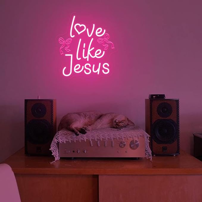 Love Like Jesus Neon Sign – 13.78″×13.38″ Jesus Valentine Neon Signs for Wall Decor – Bow LED Signs – Christian Faith Gifts – Christian Themed Neon Lights