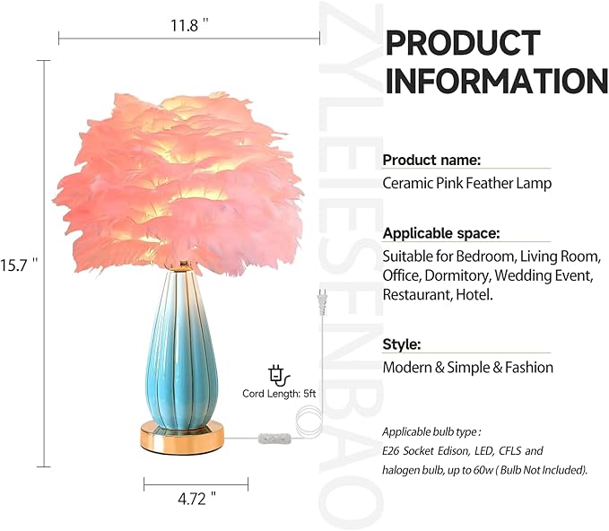 Pink Feather Table Lamp Creative Bedside Feather Lamp Simple Goose Furry Nightstand Light Fluffy Desk Lighting for Girl Bedroom Living Room Decoration Wedding Romantic Atmosphere