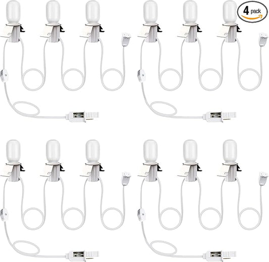 Leelosp 4 Pack Accessory Cord with 3 LED Light Bulbs 8.2 FT Christmas Village Light White Cord End-to-End Connectable On/Off Switch Plugs T20 LED Blow Mold Bulbs for Crafts Halloween Decor