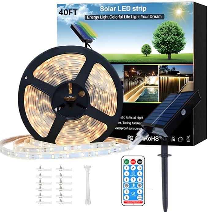 40ft Solar Led Strip Lights Outdoor, 8 Mode with Remote Timer and Auto On/Off, Self-Adhesive Waterproof, Great for Yard, Garden, Stair, Sidewalk Decor, Warm White