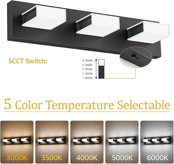 Aipsun 5 Color Temperature 3 Lights Black Vanity Lights Dimmable Acrylic Modern LED Black Bathroom Vanity Lighting Fixtures