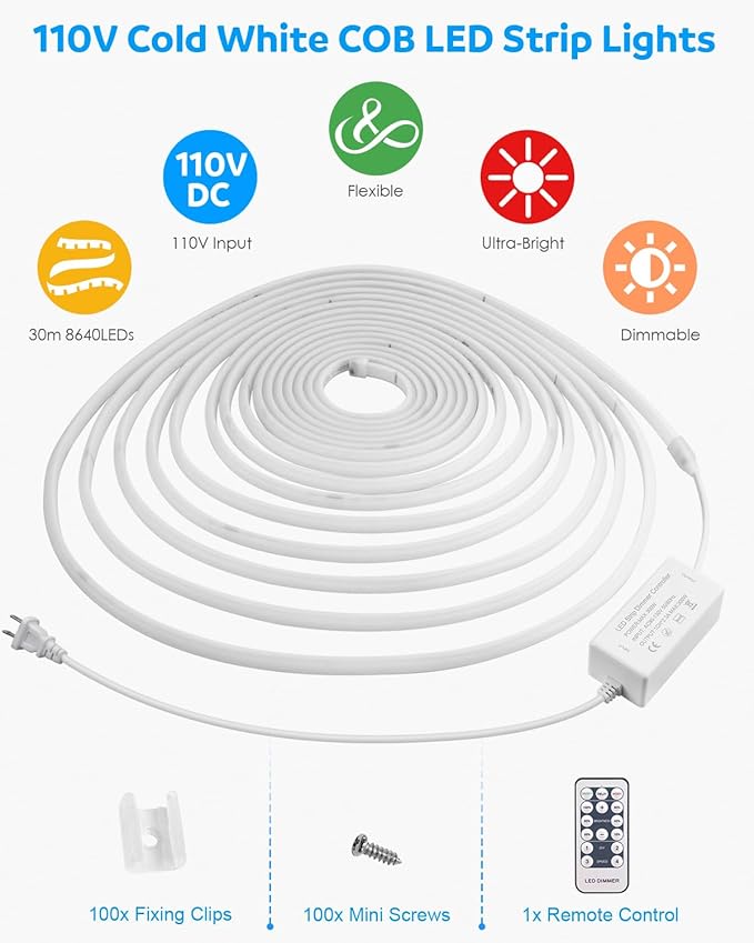 Aclorol COB LED Strip Lights Outdoor Waterproof 100FT 1 Roll AC 120V LED Rope Light Dimmable COB Flexible Light High Density Uniform Light LED Strip Super White 6000K for Commercial Grade Building