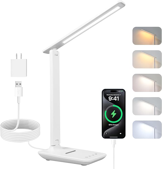LED Desk Lamp, Dimmable Table Lamp, LED Table Lamp with 5 Colours and 5 Brightness Levels, Reading Light with USB Charging Port, Touch Control for Children, Bedroom, Reading, Offices