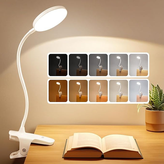 Mubarek Desk Light,3600mAh Battery Operated Light,5 Brightness+5 Color Clip on Reading Lamp,400LM 36 LED Desk Lamp with Clamp,Rechargeable Lamps Cordless Lamps, Reading Lights for Books in Bed,Table