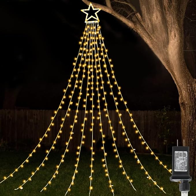 ZTX Christmas Star String Lights,11 Lighting Modes Christmas Decorations Clearance Outdoor 11Ft Waterfall Christmas Tree Lights for Christmas,New Year,Birthday(Warm White)