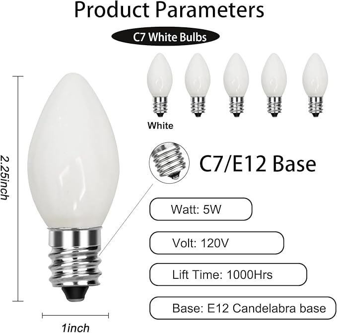 GOOTHY 25 Pack C7 White Replacement Bulbs, Ceramic C7 Incandescent Light Bulbs for Christmas Outdoor Patio Indoor String Lights, C7/E12 Candelabra Base, 5 Watt Night Light Bulbs- White