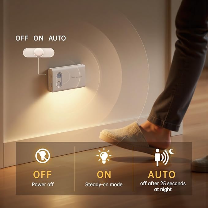 Rechargeable Motion Sensor Light Indoor, Dimmable Warm White LED Night Light, Magnetic, Adjustable Emission Direction for Hallway, Stair, Toilet, and Under Cabinet Lighting, (3 Pack)
