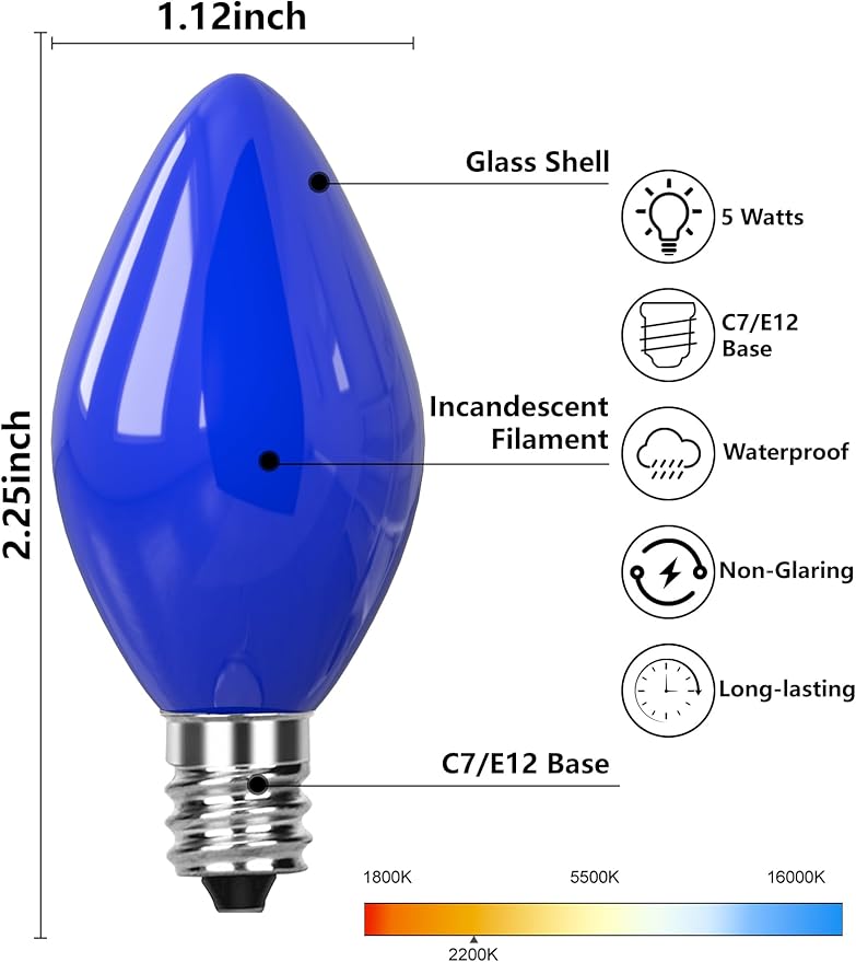 25-Pack C7 Blue Christmas Replacement Light Bulbs, 5W C7/E12 Candelabra Base Night Light Bulbs for Outdoor String Lights, Christmas Decorations, Patio and Party Lighting