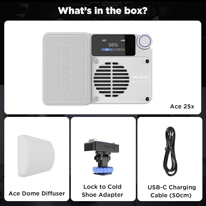 Amaran Ace 25x Pocket Bi-Color LED Light: Boost Mode Up to 32W, Bi-Color Mini Video Light (2,700-6,500K), 1,636 Lux@1m, 4,500mAh Battery with PD Fast Charging for Mobile Creators (White)