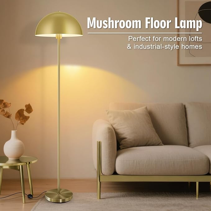 Industrial Floor Lamp, Brass Gold Floor Lamp for Living Room, 66Inch Tall Modern Standing Lamp, Stand Up Lamp with Metal Dome Shade, Mid Century Corner Reading Lamp for Bedroom Office Nursery, NO BULB