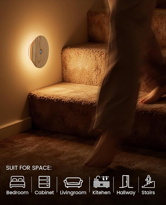 Motion Sensor Night Light Wood, Rechargeable Battery-Powered Magnetic Stick-On Night Light Wall Light for Indoor Stairs, Hallway, and Bedroom, Ash Wood