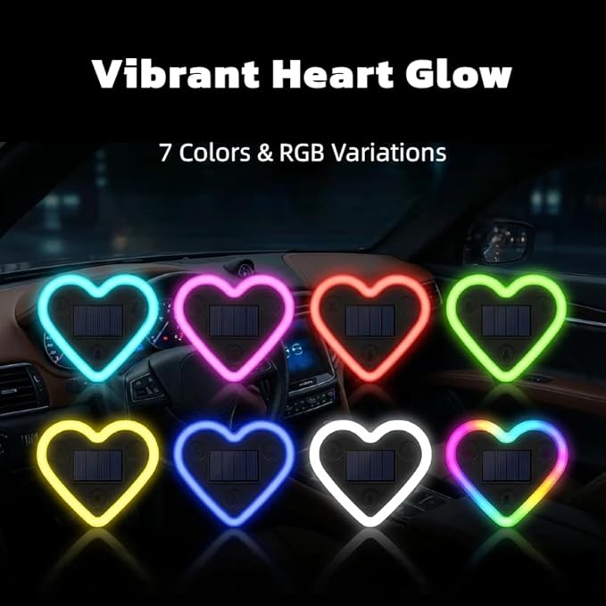 Car LED Ambient Lighting - 7 Colors 8 Modes RGB Solar Powered&USB Charging Heart-Shaped Neon Light for Window IP65 Waterproof Car Interior Light Decoration(1Pcs)