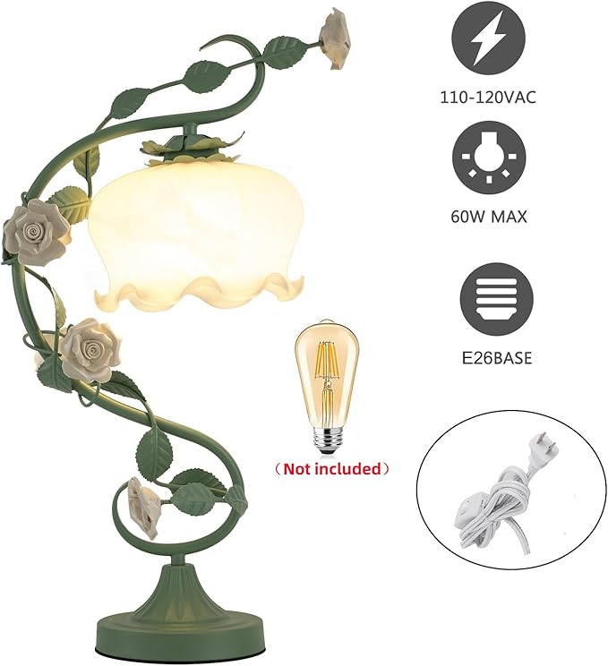 Flower Desk Lamp, E26 Glass Table Lamp Reading Light for Small Space Bedroom Home Office, Bedside Lamp with Soft Light, Applicable 3-5m² Area (Green, 5.5" W x 20.4" H)