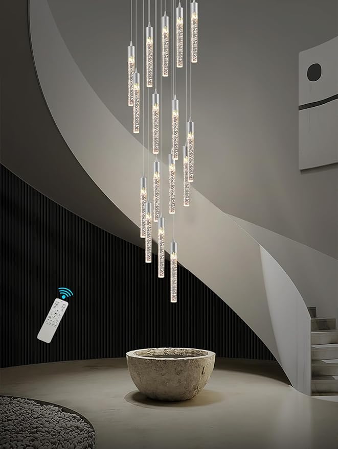 Flashing God 11feet Long Staircase Chandelier Modern Silver 16-Lights Transparent Crystal with Bubble Pendant Light High Ceiling Chandelier Dimmable 2700K-6000K Villa Entrance Foyer Lighting