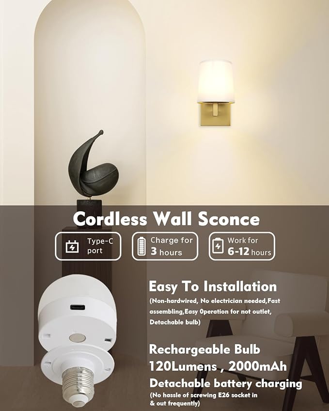 HEQIQEH Vintage Rechargeable Battery Powered 1-Light Fabric Wall Sconce, Dimmable Cordless Wall Mounted Lamp Fixture with Remote Control for Living Room Bedside Dining Room Hallway