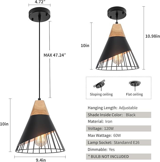 Black Pendant Light, 1 Pack 9.4inch Modern Pendant Lights, Farmhouse Pendant Light, Kitchen Pendant Lighting, Black Pendant Lights Kitchen Island for Living Room, Bar, Bedroom, Office
