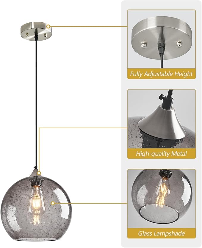 Light Grey Glass Pendant Lights Kitchen Island Globe Pendant Light Fixtures Modern Pendant Lighting for Bedroom Living Dining Room Light Fixture (9.84 in, 3 Pack)