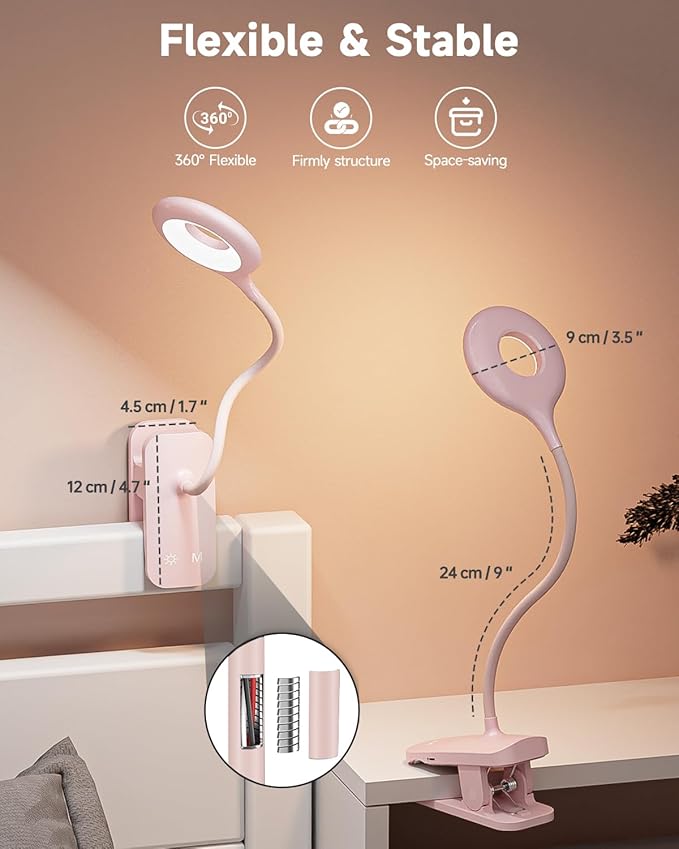 CUHIOY Clip on Reading Light for Bed, Rechargeable Battery Desk Lights, 5 Colour 5 Brightness & Touch Control Headboard Lamp, Large Clamp Lamp with Flexible Neck, Eye Protect LED Bedside Light, Pink