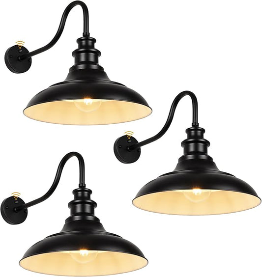 Exterior Farmhouse Gooseneck Barn Light,3PCS Dusk to Dawn Outdoor Lighting, 16 Inch Vintage Outside Garage Lights Fixtures for Patio Frontdoor Entryway Doorway, Matte Black