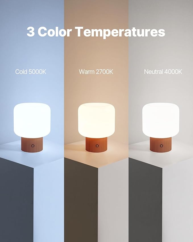 Halo Mushroom Lamp, 5W Cute Cordless Rechargeable Table Lamp with Glass Shade, 3-Color Dimmable Small Retro Touch Bedside Lamp for Bedroom Ambient Decor (Orange)