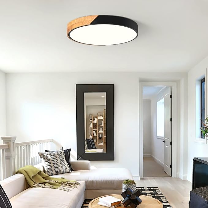 Vikaey Modern Dimmable LED Ceiling Light, Minimalist Wood Style 5CCT 2700K-6000K Flush Mount Ceiling Light Fixture, Round Lighting Lamp for Bedroom Living Room Dining Room Laundry, Black, 15.8"