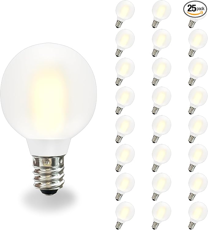 25 Pack G40 LED Globe Frosted Light Bulbs, Shatterproof Led Replacement Light Bulbs for Indoor Outdoor String Lights, E12 Screw Base 0.6watt, Warm White Christmas Decor
