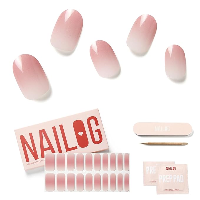 NAILOG 20 Pcs Clear Pink Gel Nail Strips - Extra Long Nail Wraps with Glossy Gel Finishing for Spring Summer Gradient Color, Tutu