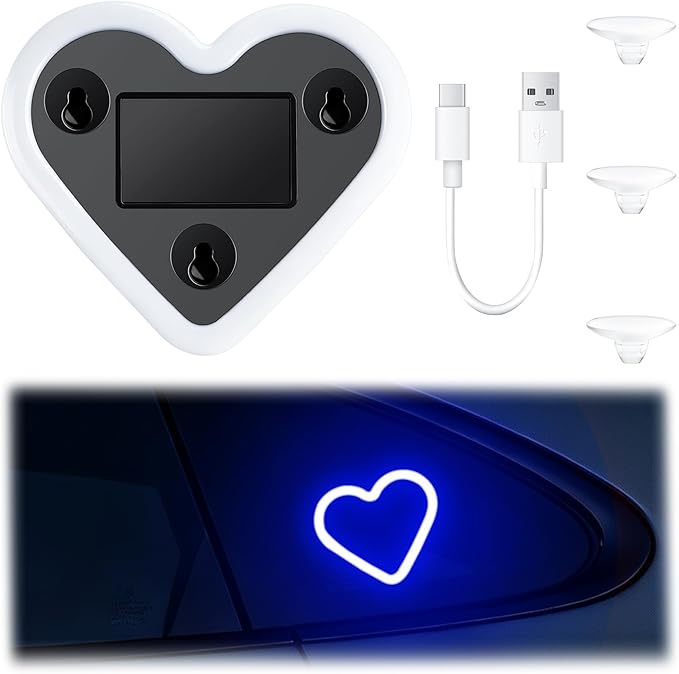 Car LED Interior Lights, Heart-Shaped Ambient Light for Windows, 5 Lighting Modes, Charging Through Type-c and Solar Energy, Car Decorations for Women Men, Pack of 1, (Blue)