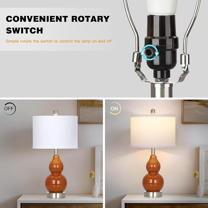 Double Gourd Ceramic Table Lamps Set of 2, Modern Red Bedside Lamps for Night Stand, Contemporary Nightstand Lamps for Bedroom Living Room (Bulb Included)