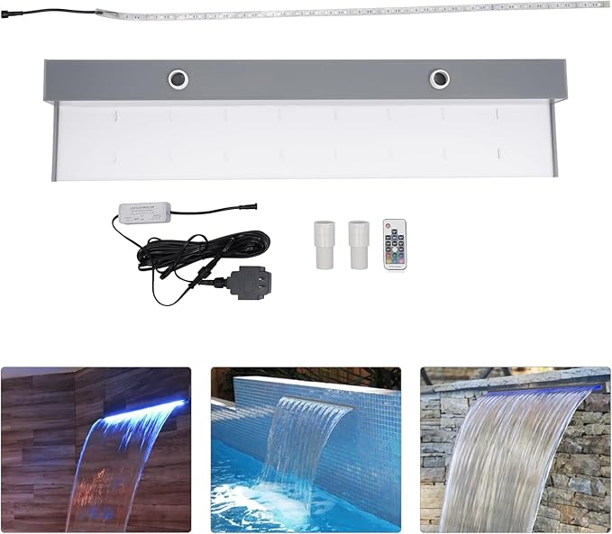 36" Pool Fountain Pool Waterfall Spillway, Acrylic 7 Color LED Light Lighted Waterfall Pool Fountain Changing Spillway