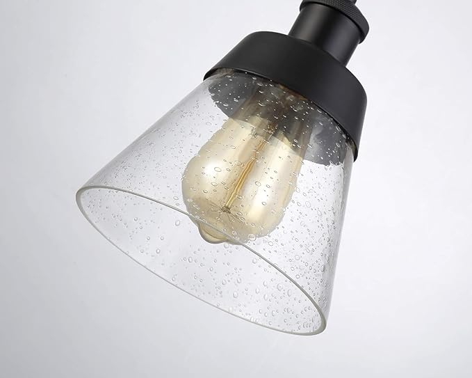 Industrial Glass Pendant Light with Handblown Clear Seeded Glass Shade, One-Light Adjustable Rustic Mini Pendant Lighting Fixture for Kitchen Island Cafe Bar Farmhouse, Black
