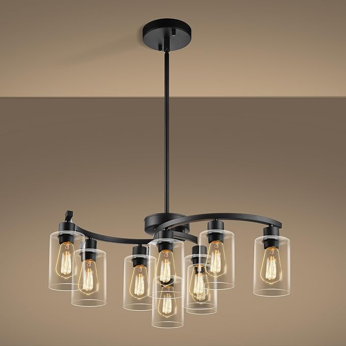 9-Light Modern Farmhouse Chandelier，29.5" Black Dining Room Light Fixture，Industrial Pendant Lights Kitchen Island,Metal Bracket with Downward Clear Glass Shade