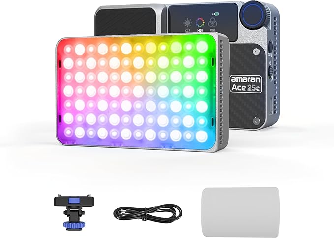 amaran Ace 25c Video Light,25w RGB Portable Light for Photography On-Camera Video Lights CRI/TLCI 95+,CCT 2,300K-10,000K,Rechargeable Dimmable Vlog Light,APP Control,PD Charging (Silver)