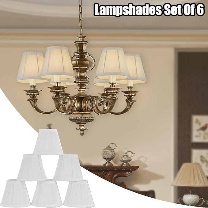 Chandelier Shades Set of 6,Mini Lamp Shade 3" Top x 5.5" Bottom x 4.7" Slant,Small Lamp Shades Clip On Bulb,Pleated Chandelier Lamp Shades,Fabric Lampshades That Attach to The Bulb, 6 Packs(White)