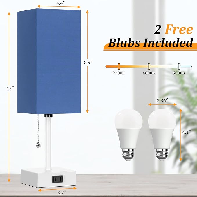 Table Lamp for Bedroom set of 2,3-Color Bedside Lamps with Pull Chain Table Lamps for Nightstand with AC Outlets,Small Night Light Lamps with 2 Bulbs Lamps for Living Room Kids Room Office Decor（Blue）