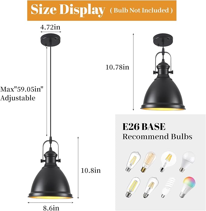 Farmhouse Pendant Lights Kitchen Island, 8.6 inches Matte Black Pendant Light Fixtures, Industrial Kitchen Pendant Lighting, Modern Hanging Light Fixture for Kitchen Sink Dining Room, 2 Pack