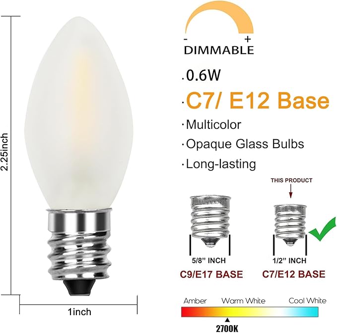 GOOTHY 25 Pack C7 LED Frosted White Light Bulbs, Shatterproof Christmas Replacement Bulb for Outdoor Patio String Lights, E12 Candelabra Base LED Night Lights Candles Bulbs, 2700K Warm White