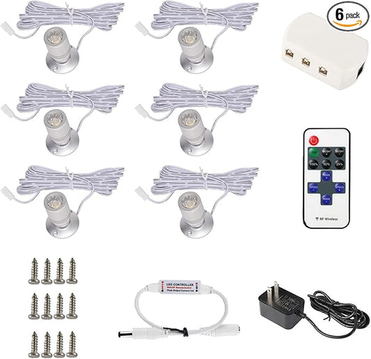 DEDC 6pcs Mini LED Spot Lights, 1.5W DC12V 3000K Under Cabinet Lights with Wireless RF Dimmer, Mini Spotlights for Showcase Displays (Warm White-Remote Control-U.S. Plugs)