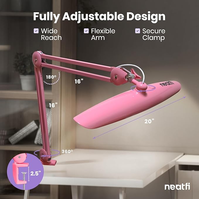 Neatfi XL LED Desk Lamp with Clamp, 2200 Lumens, 20W, 20-Inch Wide Head, Dimmable 4 Brightness Levels, 3 Color Modes 3000K–6000K, Task Light for Home Office, Crafts, Workbench (CCT, Pink)