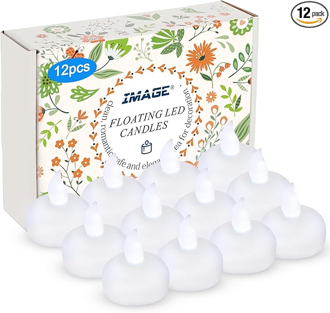 IMAGE Floating Candles, Flameless Floating LED Tea Lights 12 Pack Waterproof Tealight Candles for Wedding Party Spa Home Indoor Outdoor Decor-Cool White