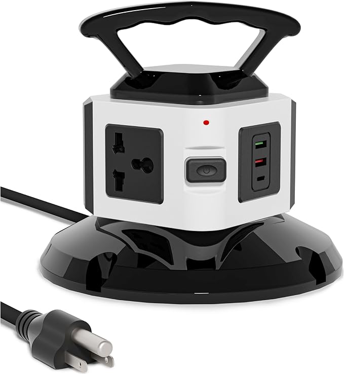 Power Strip Tower with 3 Outlets, 2 USB-A & 1 USB-C Ports, 1875W/15A Heavy Duty Charging Station for Multiple Devices, Plug Tower with 6ft Extension Cord, for Home, Office, Dorm