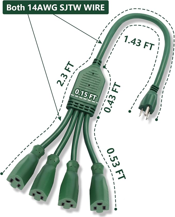 Extension Cord Splitter,4 Plug Splitter,14AWG SJTW 15A 1875W 14/3-Gauge 2.3FT Power Splitter, 4 Way 3 Prong 1 to 4 Plug Power Cord Splitter, Heavy Duty Cable, Green, for Indoor or Outdoor Use.