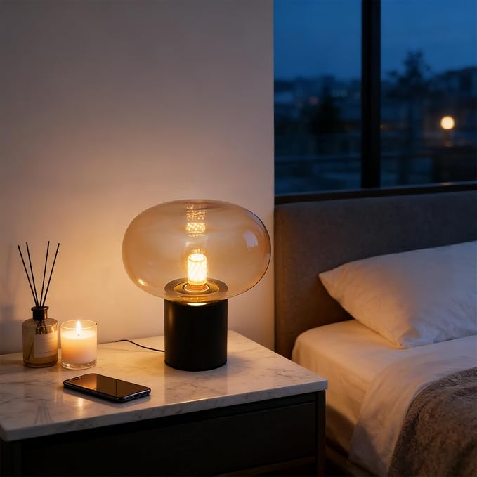 Mushroom Table Lamp Marble Base Glass Shade, Art Deco Bedside Nightstand Lamp for Living Room Bedroom Office, 12W E27 LED Bulb Included - 9''Lx 9.84''H,Illumination Area: 3-5㎡/32-54ft² (Amber)
