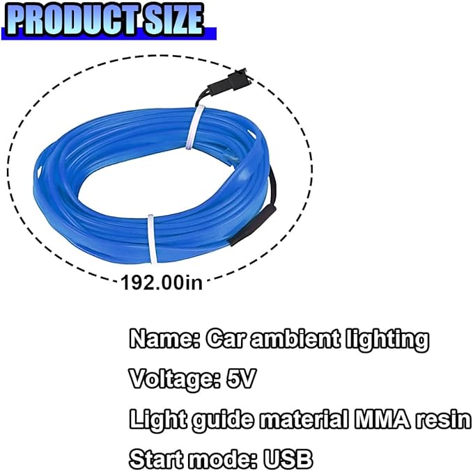 EL Wire Car Interior LED Strip Lights, 5V 16FT Neon Light Strip with Sewing Edge, USB Electroluminescent Car Interior Lights with Fuse Protection, Vehicle Ambient Lighting Decorations (Blue)