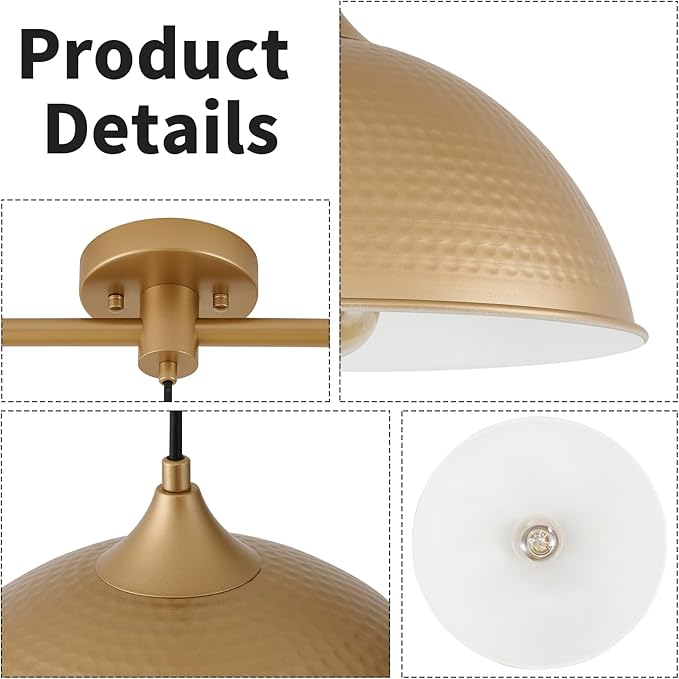 Pendant Lights Kitchen Island, 2-Pack Dome Pendant Light Gold and White Light Fixtures Industrial Vintage Hanging Pendant Lighting for Dining Room Restaurant Cafe Entryway