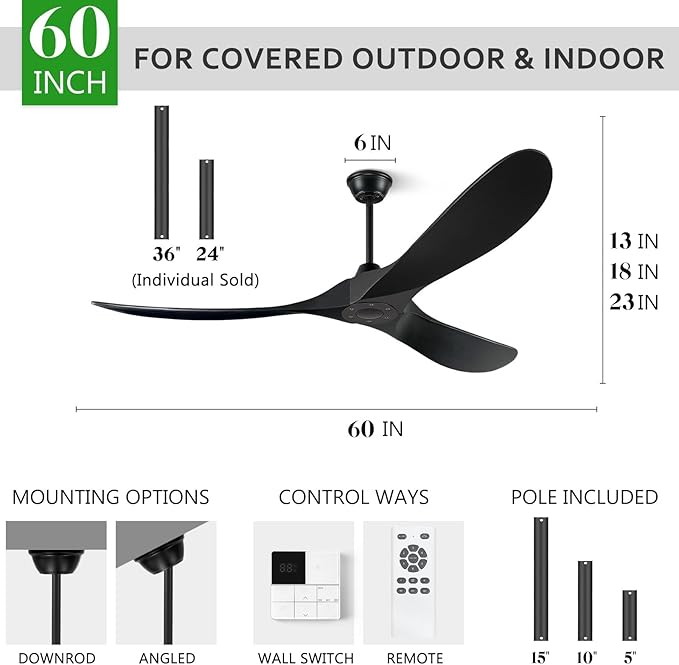 60 Inch Ceiling Fans Without Light, Solid Wood Ceiling Fan with Remote Control and Quiet DC Motor, Ceiling Fan no Light 3 Blades, Outdoor Ceiling Fans for Patios without Lights Matte Black